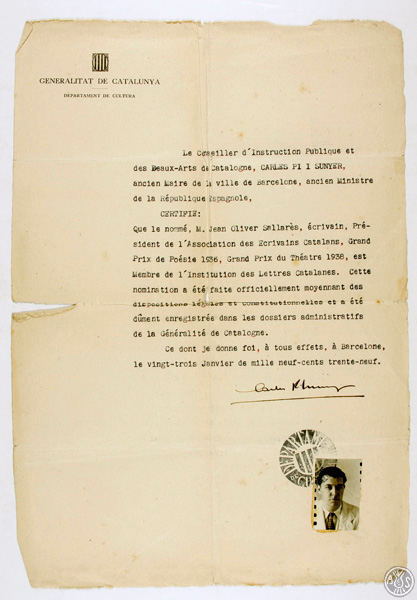 Certificat de Carles Pi i Sunyer, conseller de Cultura de la Generalitat de Catalunya, 1939. AHS. Fons Joan Oliver. 154/4