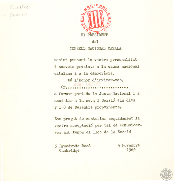 Invitació del president del Consell Nacional Català per a formar part de la Junta i assistir a la seva primera sessió, 1969. AHS. Fons Joan Oliver. AP 154/4