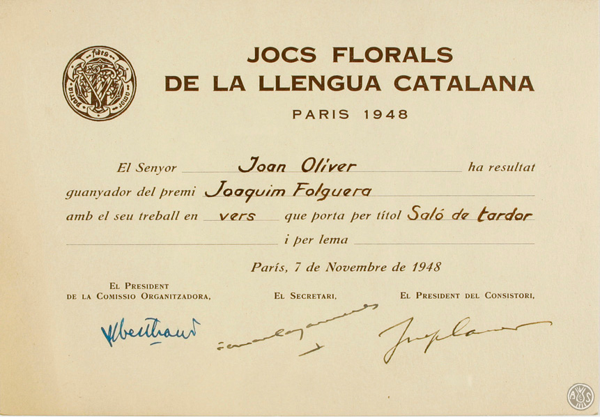 Premi del Jocs Florals de la Llengua Catalana celebrats a París per l’obra Saló de tardor, 1948. AHS. Fons Joan Oliver. AP 155/1