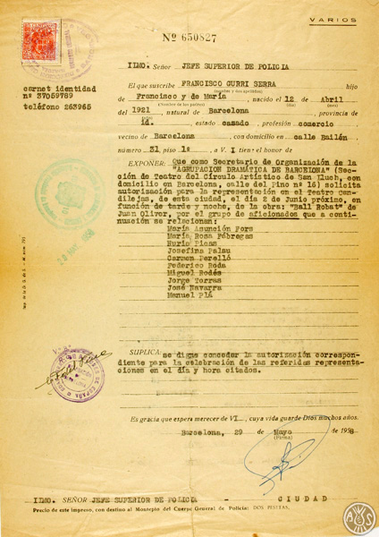 Sol·licitud de l’Agrupació Dramàtica de Barcelona per a poder representar l’obra Ball robat, 1958. AHS. Fons Joan Oliver. AP 155/5