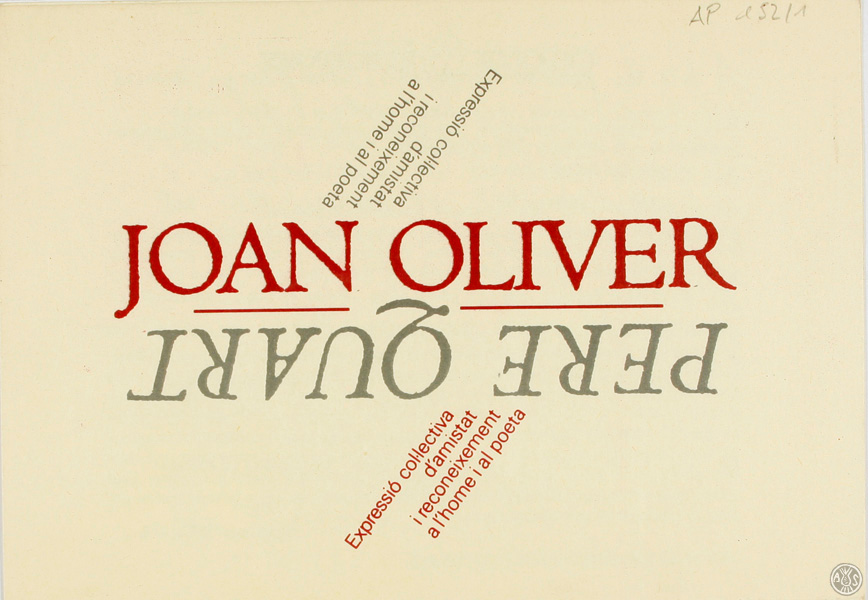 Díptic imprès arran de l’homenatge a Joan Oliver en ocasió del seu 81è aniversari, 1980. AHS. Fons Joan Oliver. AP 152/1