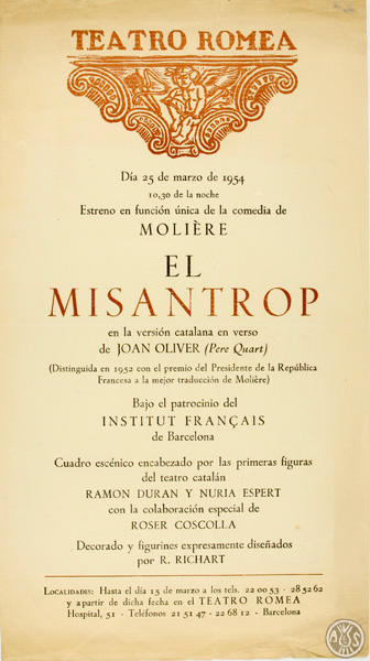 Cartell de l’estrena d’El Misantrop de Molière al teatre Romea de Barcelona el dia 25 de març de 1954. AHS. Fons Joan Oliver. AP 159/4