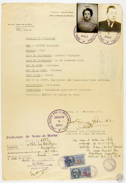 Visat de les autoritats franceses a Joan Oliver i la seva dona Concepció Riera per a poder embarcar cap a Xile, 1939. AHS. Fons Joan Oliver. AP 152/2
