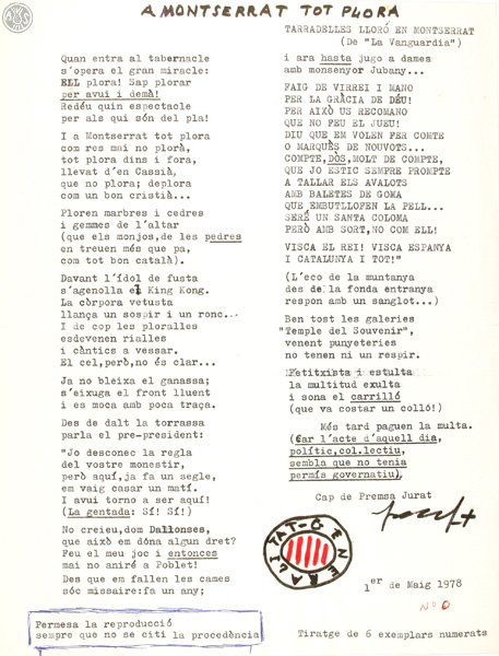 “A Montserrat tot plora”.  Versos satírics sobre el president de la Generalitat Josep Tarradelles, 1978. AHS. Fons Joan Oliver. AP 144/3