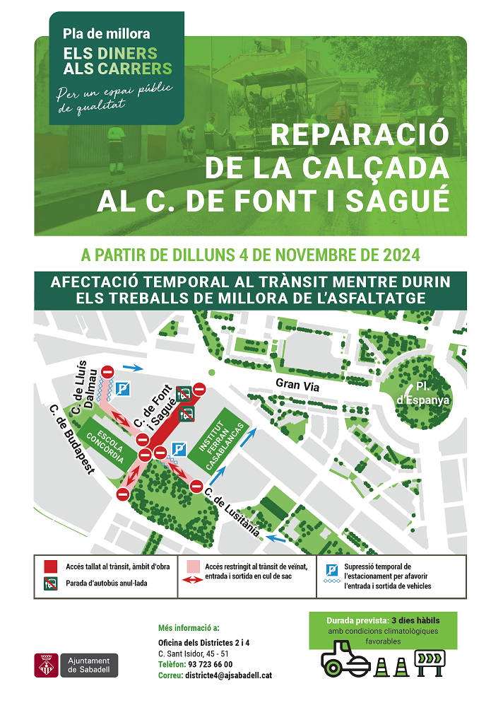 Cartell informatiu amb plànol de l'afectació temporal al trànsit mentre durin els treballs de millora de l'asfaltatge