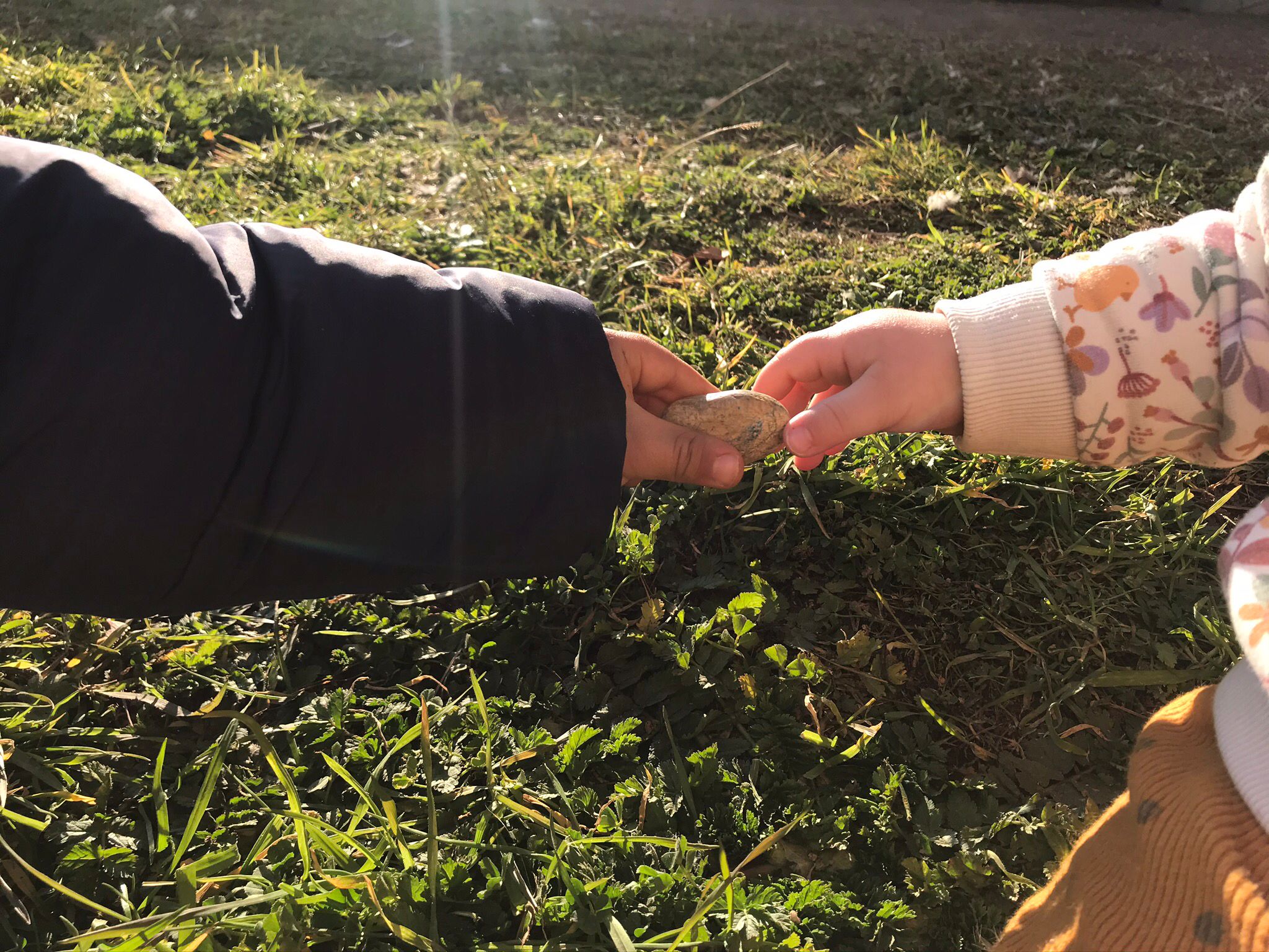 Imatge d’un lactant del CEIF Can Puiggener i un infant del CEIP Tarlatana compartint un moment de joc al espai exterior