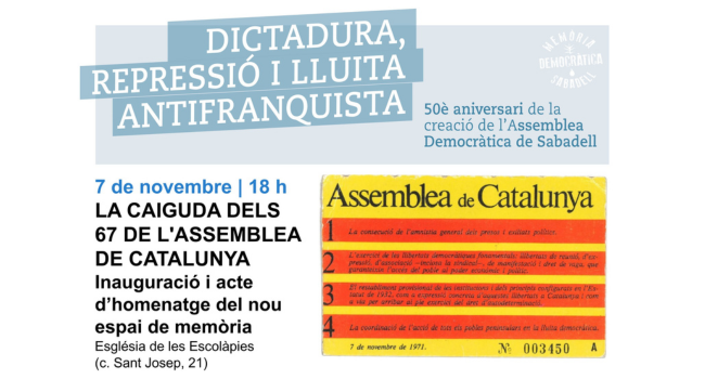 Nou espai de memòria a Sabadell per recordar els 67 detinguts de l’Assemblea de Catalunya, el setembre de 1974