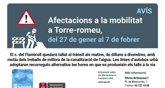 Afectacions a la mobilitat a Torre-romeu, del 27 de gener al 7 de febrer