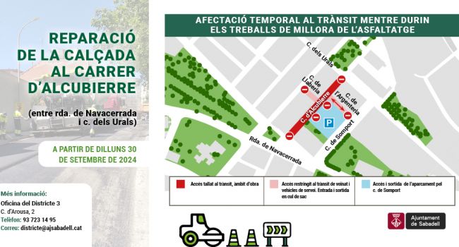 Reparació de la calçada al carrer d'Alcubierre, a partir del 30 de setembre