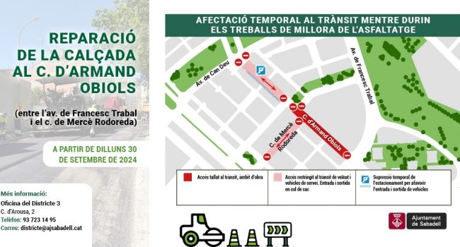 Reparació de la calçada al c. d'Armand Obiols, a partir del dilluns 30 de setembre