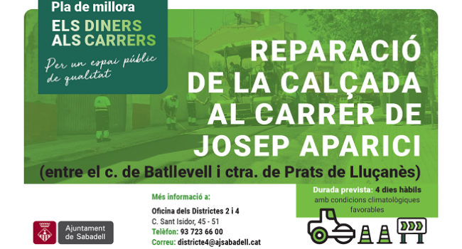 Reparació de la calçada al c. de Josep Aparici, a partir del 16 d'octubre