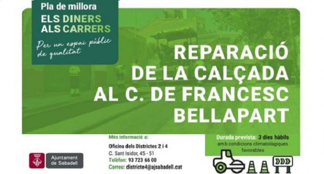 Reparació de la calçada al c. de Francesc Bellapart, a partir del 10 d'octubre