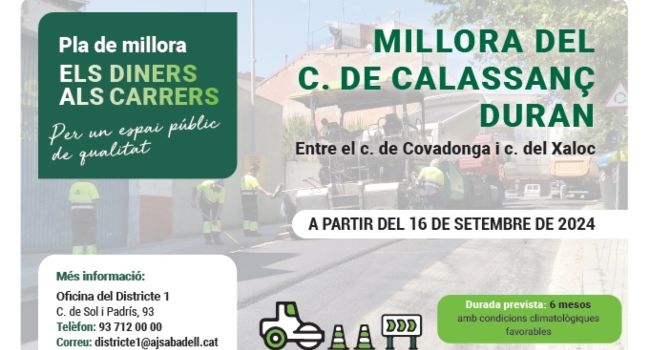 Millora del c. de Calassanç Duran, a partir del 16 de setembre