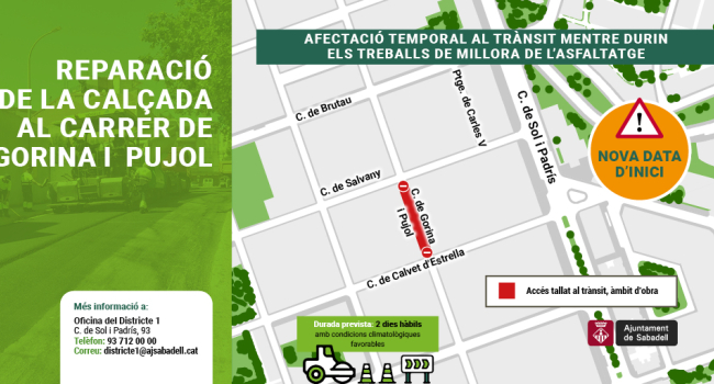 Reparació de la calçada al c. de Gorina i Pujol, a partir de dilluns 17 de febrer 