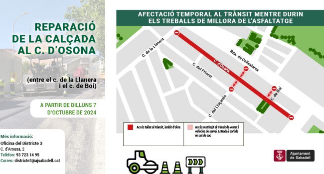 Reparació de la calçada al c. d'Osona, a partir del 7 d'octubre