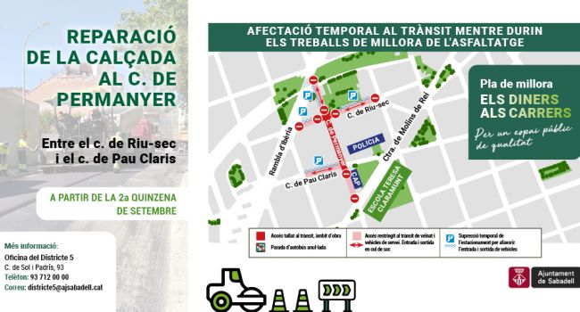 Reparació de la calçada al c. de Permanyer, a partir de la 2a quinzena de setembre