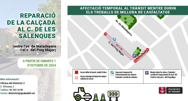 Reparació de la calçada al c. de les Salenques, a partir de l'1 d'octubre