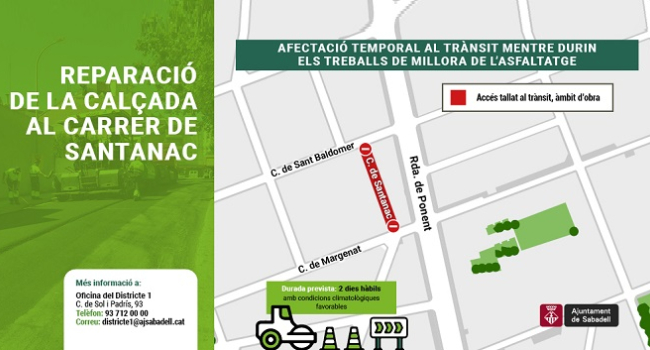 Reparació de la calçada al c. de Santanac, a partir de dijous 6 de febrer