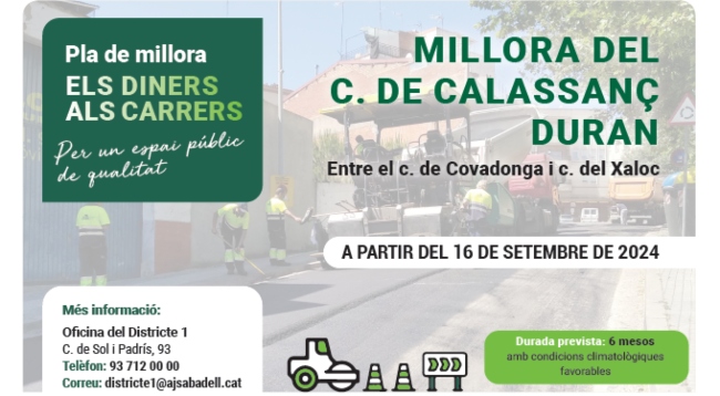 Nous treballs de millora de l’asfaltatge al carrer de Calassanç Duran a partir de dilluns